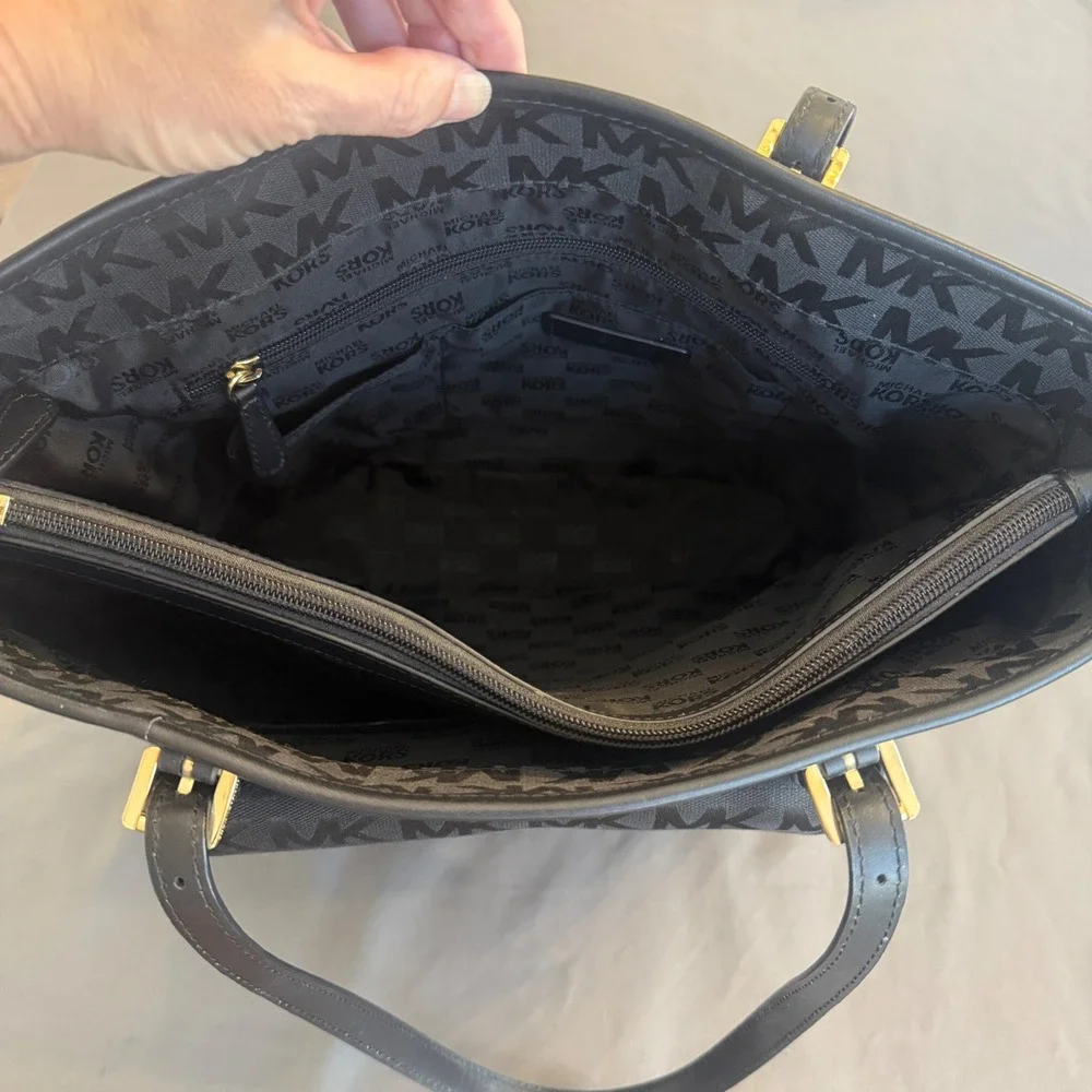 Michael Kors‎ Black MK Monogram Jacquard Tote Shoulder Bag Gold Hardware